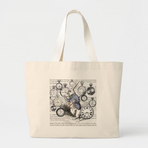 White Rabbit Alice in Wonderland Clocks Large Tote Bag
