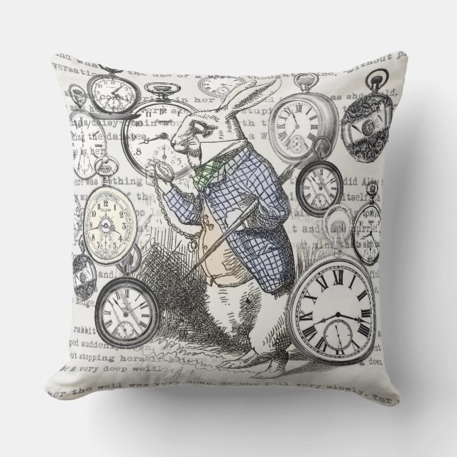White Rabbit Alice in Wonderland Clocks Outdoor Pillow (Front)