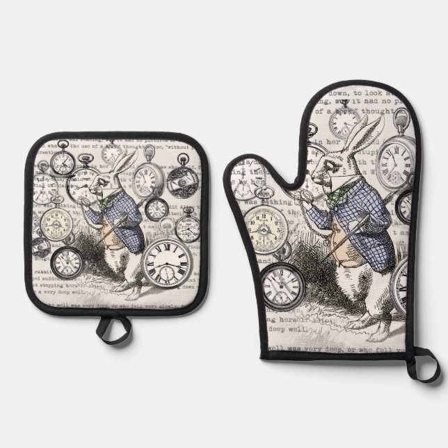 White Rabbit Alice in Wonderland Clocks Oven Mitt & Pot Holder Set (Front)