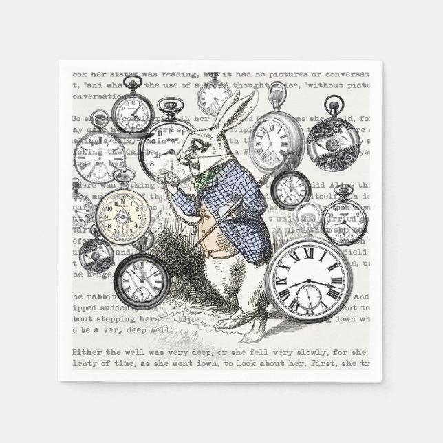 White Rabbit Alice in Wonderland Clocks Paper Napkins (Front)