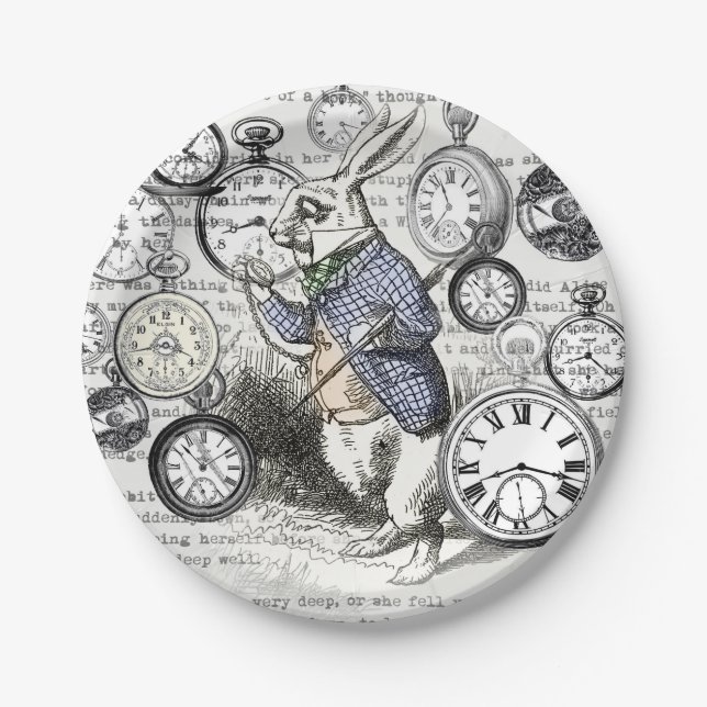 White Rabbit Alice in Wonderland Clocks Paper Plates (Front)