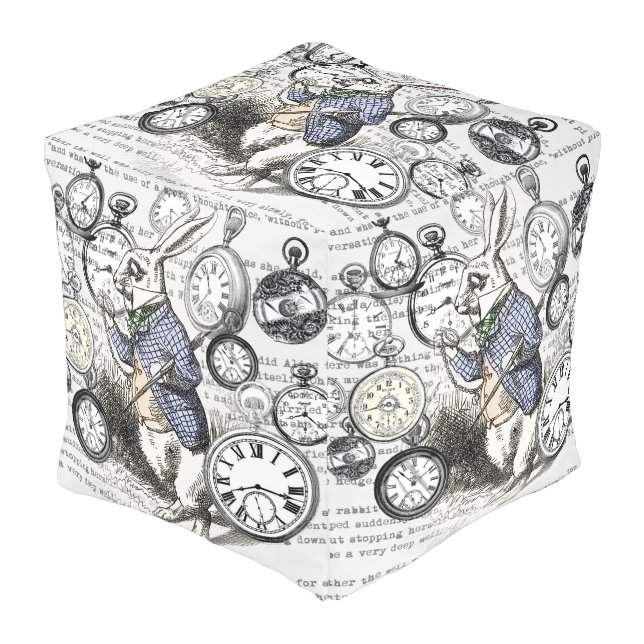 White Rabbit Alice in Wonderland Clocks Pouf (Angled Front)