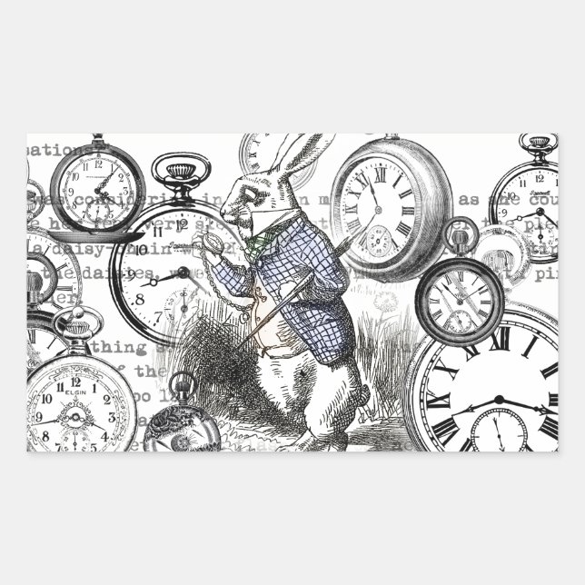 White Rabbit Alice in Wonderland Clocks Rectangular Sticker (Front)