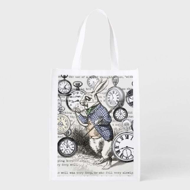 White Rabbit Alice in Wonderland Clocks Reusable Grocery Bag (Back)