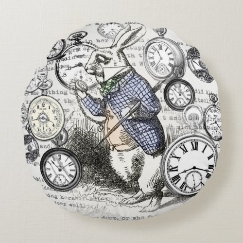 White Rabbit Alice in Wonderland Clocks Round Pillow