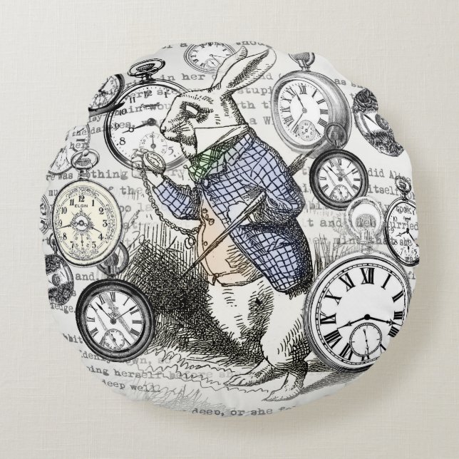 White Rabbit Alice in Wonderland Clocks Round Pillow (Front)