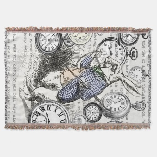 White Rabbit Alice in Wonderland Clocks Throw Blanket