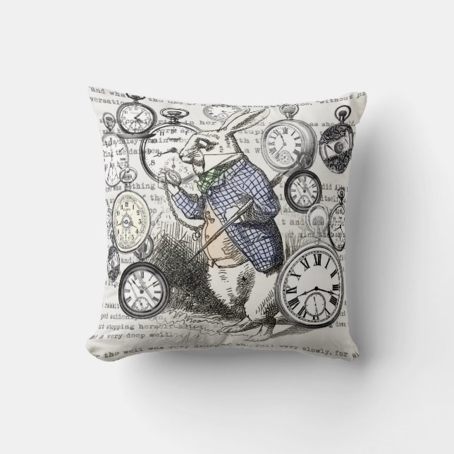 White Rabbit Alice in Wonderland Clocks Throw Pillow (Front)