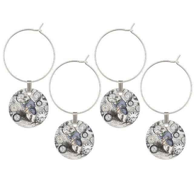 White Rabbit Alice in Wonderland Clocks Wine Glass Charm (Staggered)