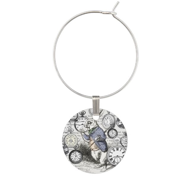 White Rabbit Alice in Wonderland Clocks Wine Glass Charm (Front)