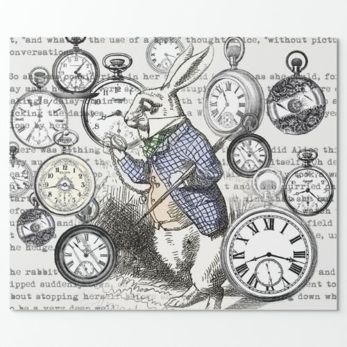 White Rabbit Alice in Wonderland Clocks Wrapping Paper
