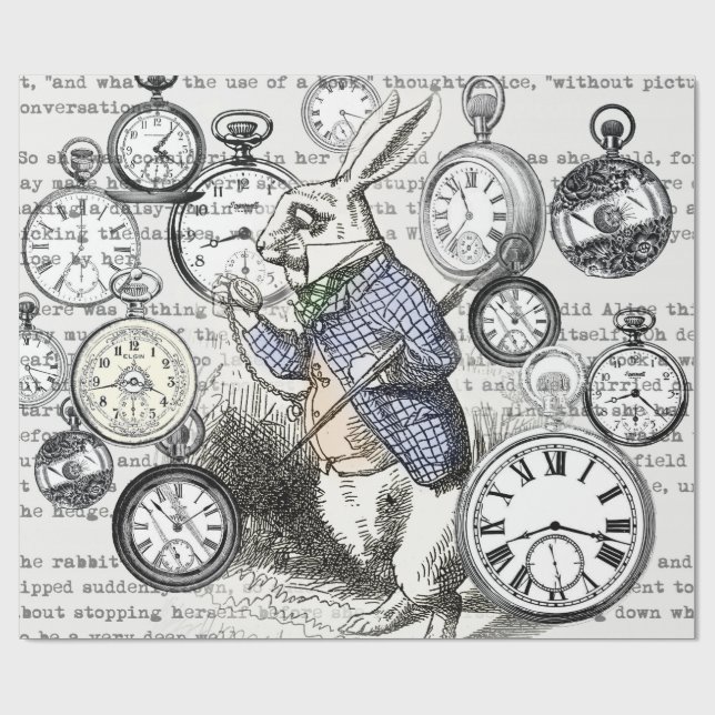 White Rabbit Alice in Wonderland Clocks Wrapping Paper (Flat)