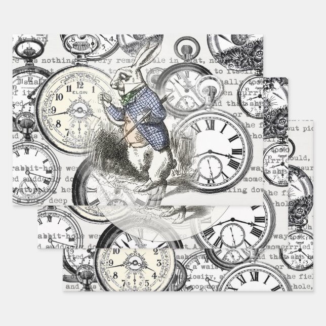 White Rabbit Alice in Wonderland Clocks Wrapping Paper Sheets (Set)