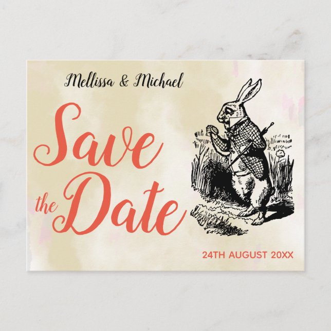 White Rabbit Alice in Wonderland Save the Date Postcard (Front)