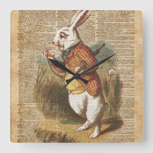 White Rabbit Alice in Wonderland Vintage Art Square Wall Clock