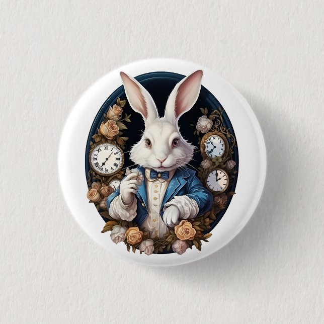 White Rabbit Alice in Wonderland Watches and roses Button (Front)