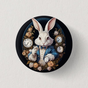 White Rabbit Alice in Wonderland Watches and roses Button
