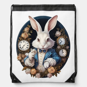 White Rabbit Alice in Wonderland Watches and roses Drawstring Bag
