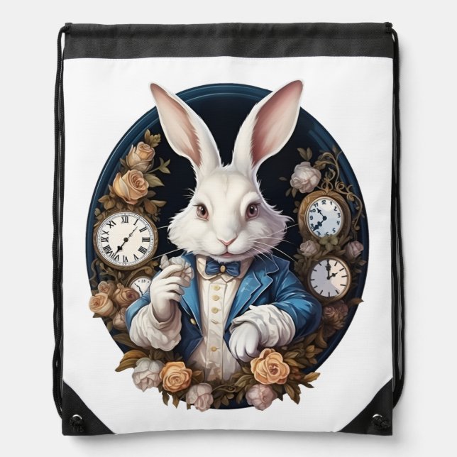 White Rabbit Alice in Wonderland Watches and roses Drawstring Bag (Front)