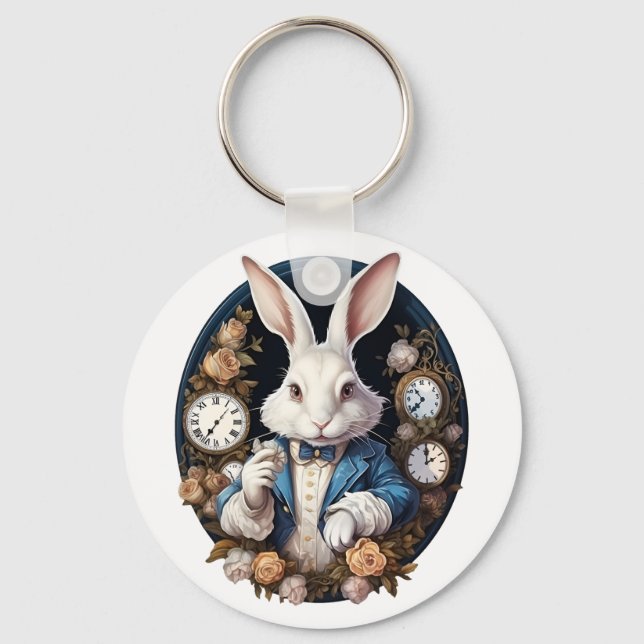 White Rabbit Alice in Wonderland Watches and roses Keychain (Front)