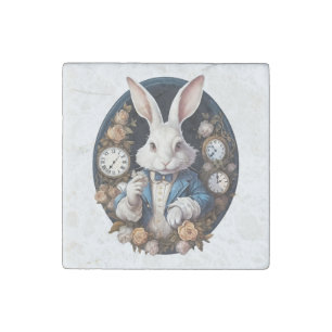 White Rabbit Alice in Wonderland Watches and roses Stone Magnet