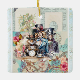 White Rabbit, Alice & Mad Hatter in Top Hats Ceramic Ornament