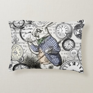 White Rabbit Alice Wonderland Clocks Art Accent Pillow