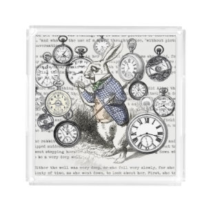 White Rabbit Alice Wonderland Clocks Art Acrylic Tray