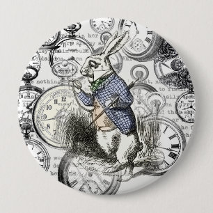 White Rabbit Alice Wonderland Clocks Art Button