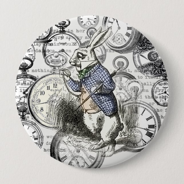 White Rabbit Alice Wonderland Clocks Art Button (Front)