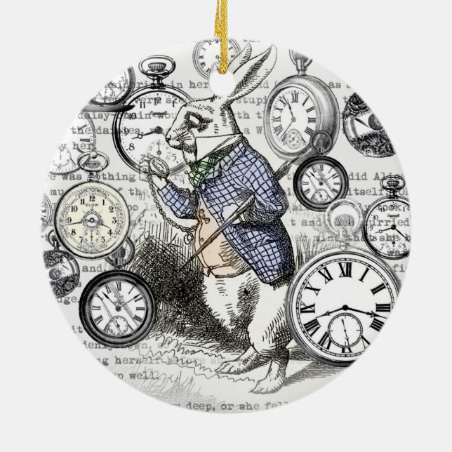 White Rabbit Alice Wonderland Clocks Art Ceramic Ornament (Back)