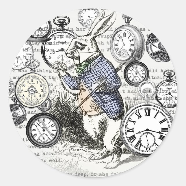 White Rabbit Alice Wonderland Clocks Art Classic Round Sticker (Front)
