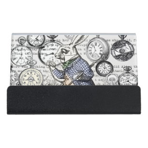 White Rabbit Alice Wonderland Clocks Art Desk Business Card Holder