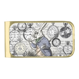 White Rabbit Alice Wonderland Clocks Art Gold Finish Money Clip