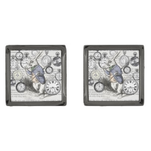 White Rabbit Alice Wonderland Clocks Art Gunmetal Finish Cufflinks