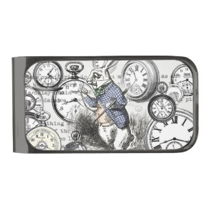 White Rabbit Alice Wonderland Clocks Art Gunmetal Finish Money Clip