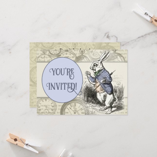 White Rabbit Alice Wonderland Clocks Art Invitation (Front/Back In Situ)
