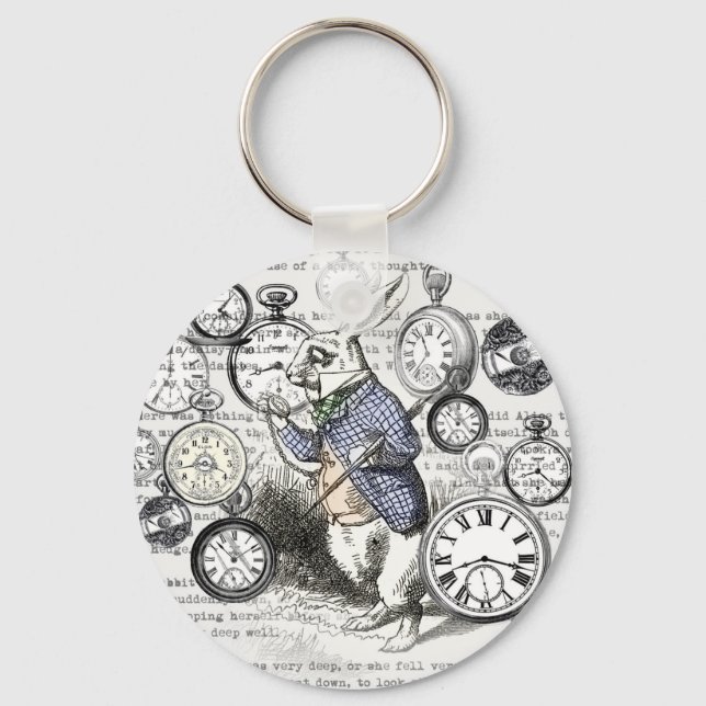 White Rabbit Alice Wonderland Clocks Art Keychain (Front)