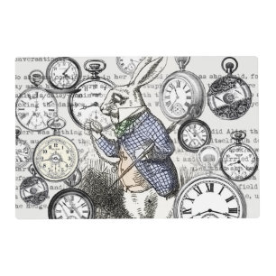White Rabbit Alice Wonderland Clocks Art Placemat