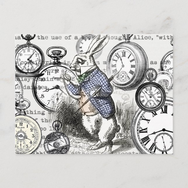 White Rabbit Alice Wonderland Clocks Art Postcard (Front)