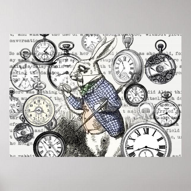 White Rabbit Alice Wonderland Clocks Art Poster (Front)