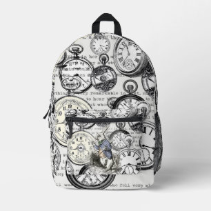 White Rabbit Alice Wonderland Clocks Art Printed Backpack