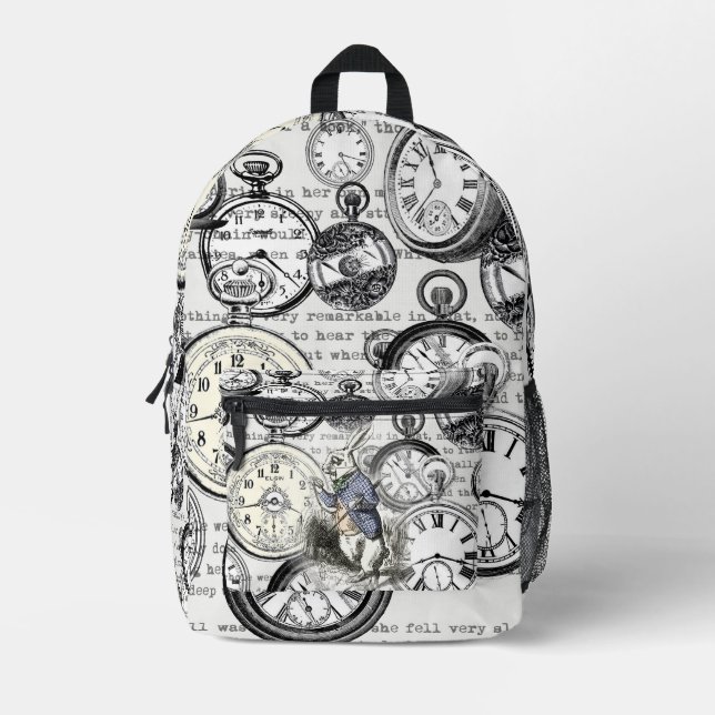 White Rabbit Alice Wonderland Clocks Art Printed Backpack (Front)