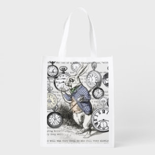 White Rabbit Alice Wonderland Clocks Art Reusable Grocery Bag
