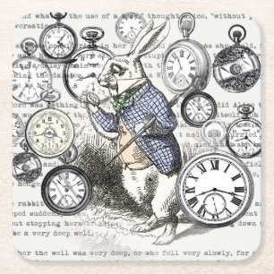 White Rabbit Alice Wonderland Clocks Art Square Paper Coaster
