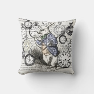 White Rabbit Alice Wonderland Clocks Art Throw Pillow