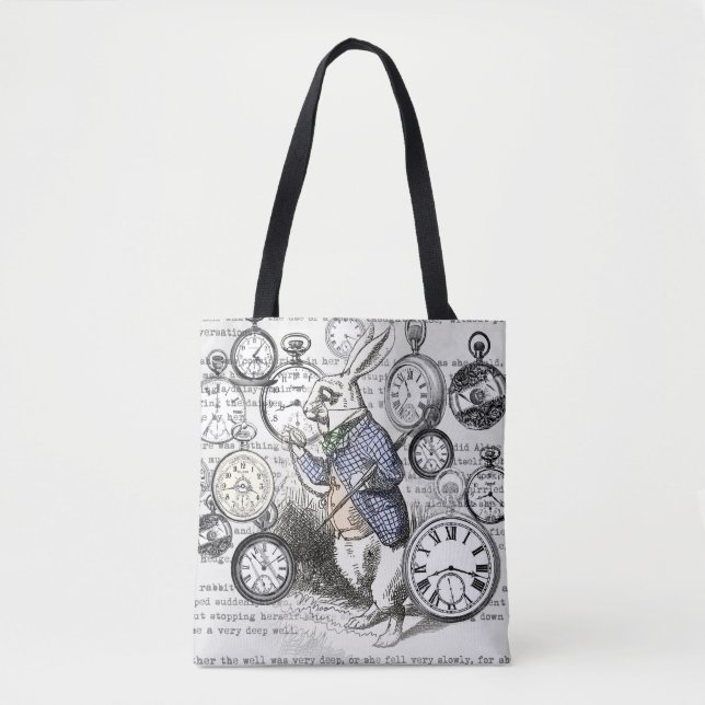 White Rabbit Alice Wonderland Clocks Art Tote Bag (Front)