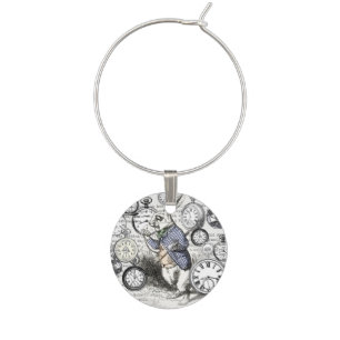 White Rabbit Alice Wonderland Clocks Art Wine Glass Charm