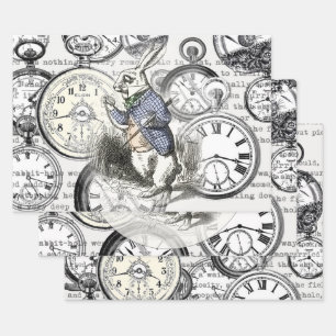 White Rabbit Alice Wonderland Clocks Art Wrapping Paper Sheets