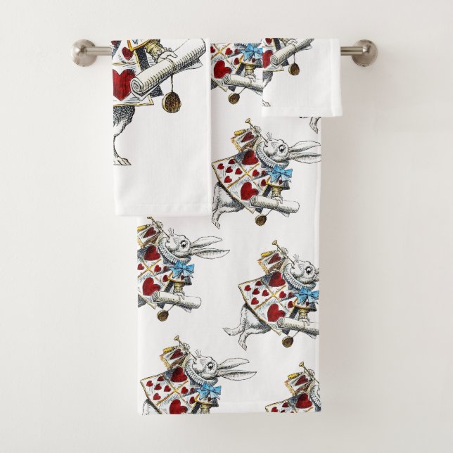 White Rabbit Alice Wonderland Hearts Bath Towel Set (Insitu)